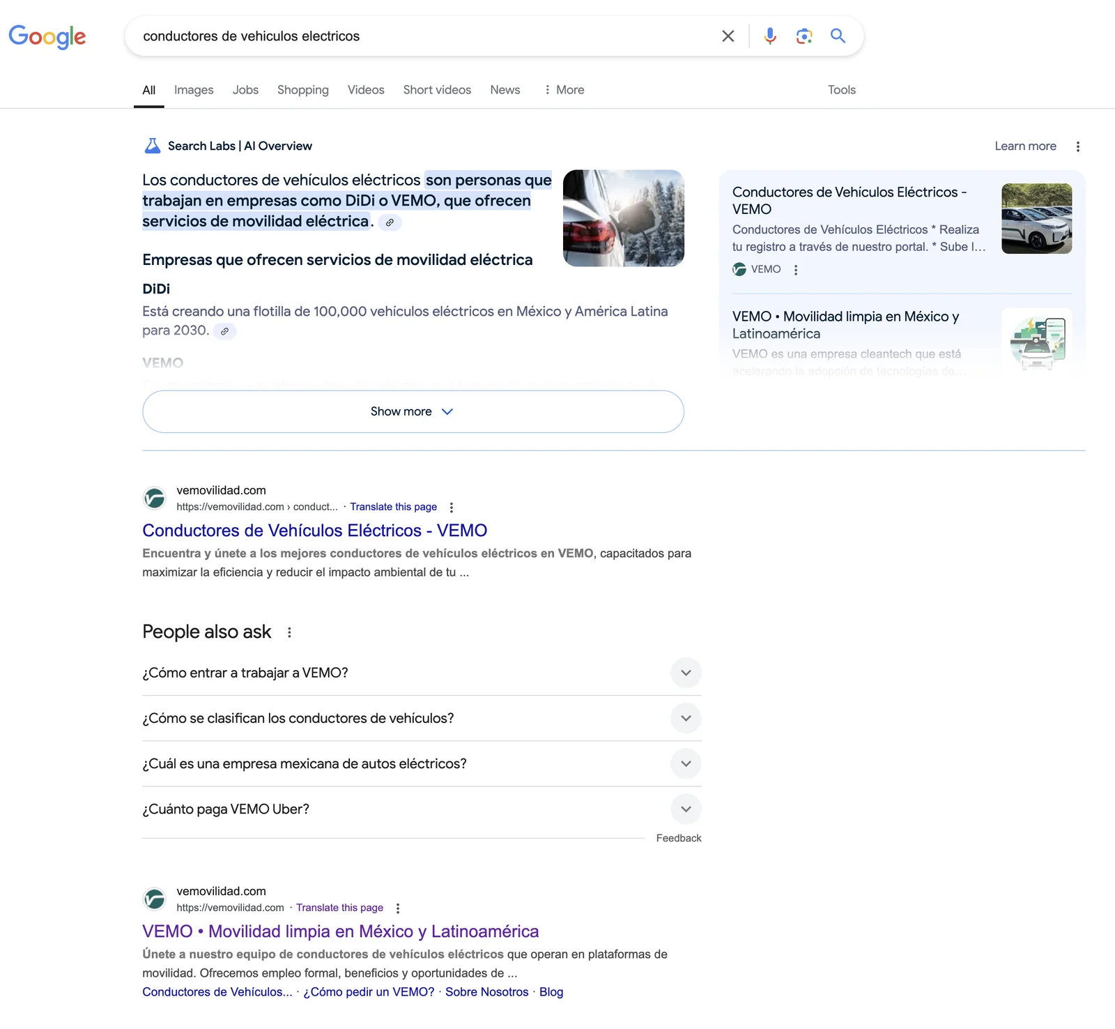 Google SERP for ‘conductores de vehículos eléctricos’ — Vemovilidad cited in AI Overview and ranked first organic